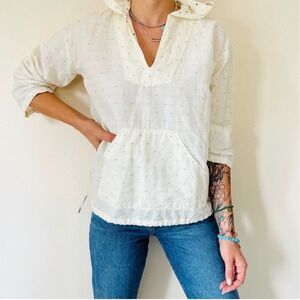 Mollusk Surf Baja Hooded Pullover-ivory color embroidered navy blue dots size XS